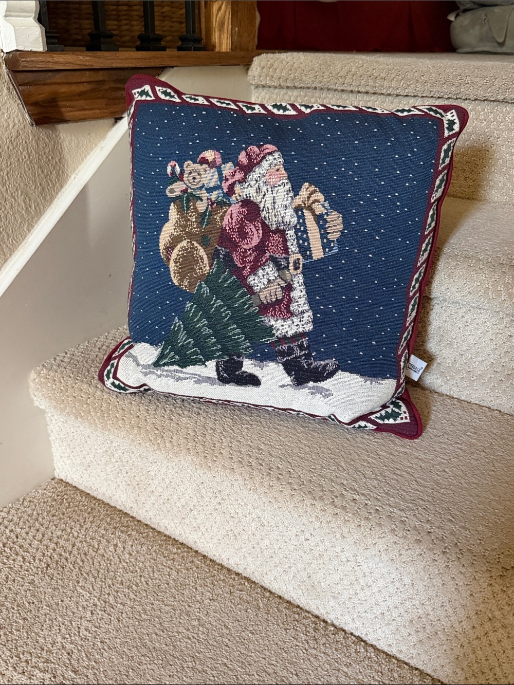Festive Santa Needlepoint Holiday Pillow - Blue and Burgundy